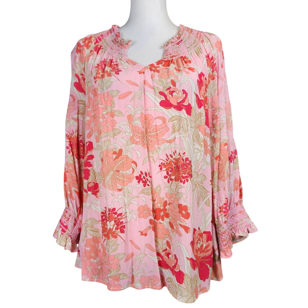 Talbots Smocked Peasant Blouse Womens Large Pink Floral Casual Travel Boho Flowy